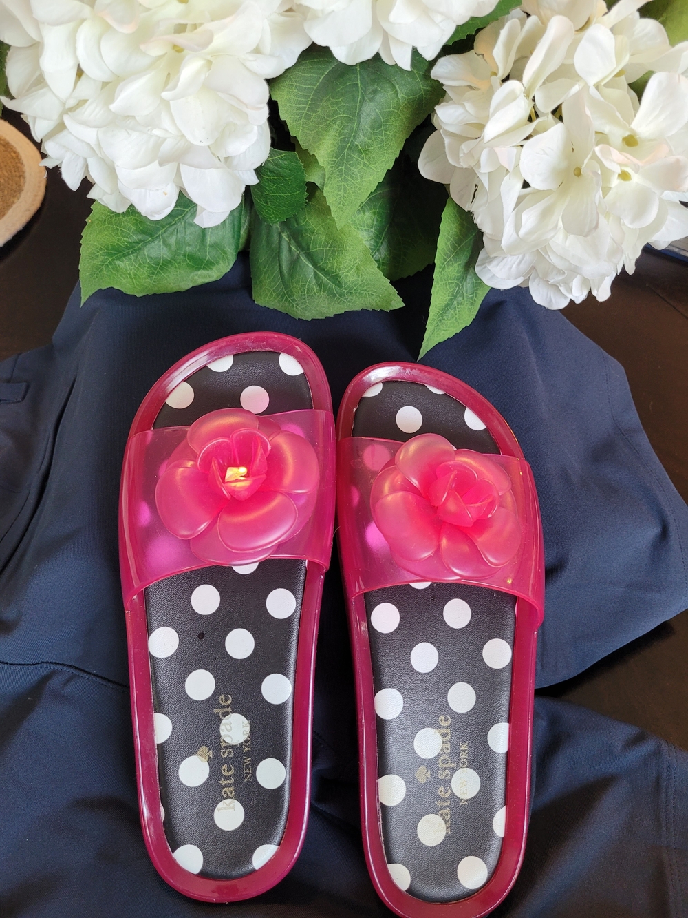 kate spade Pink Polka Dot Jelly Slide Sandals with Floral Accent